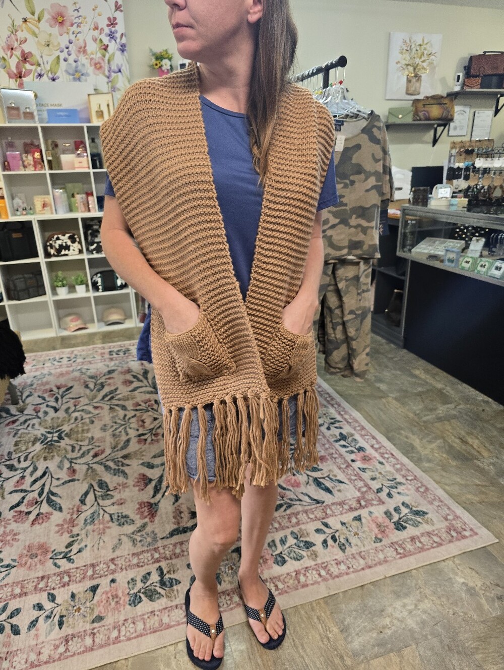 Crochet Pocket 2 In 1 Scarf/shawl In Camal